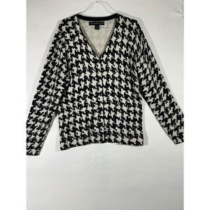 Josephine Chaus Women Cardigan Silk Blend Sweater V-Neck Button Up Black/Cream L